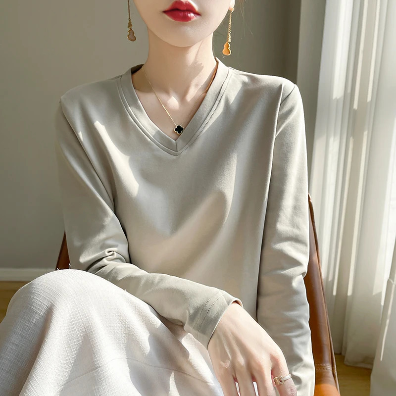 100% Mercerized Cotton VNeck TShirt Womens Long Sleeve Loose Plus Size Solid Color Base Shirt 250729