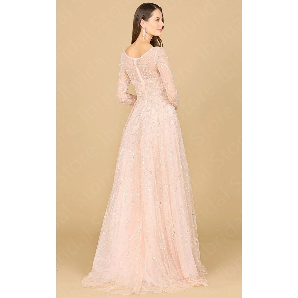 Elegant Pink Mother Gowns for Wedding Women Long Sleeves Sequined Mother of the Groom Dress V Neckline Wedding Party Dress
