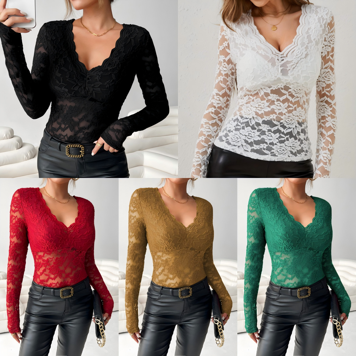 2025 Elegant V-neck Fan-shaped Collar Solid Color Long Sleeve Slim Fit Pullover Lace Top Versatile