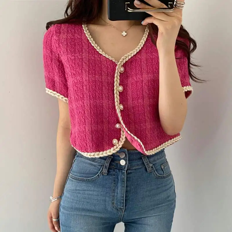 Summer Elegant Retro Short Korean Plaid Tweed Cardigan Women Fashion Sleeved Thin Jacket Female Top 250729