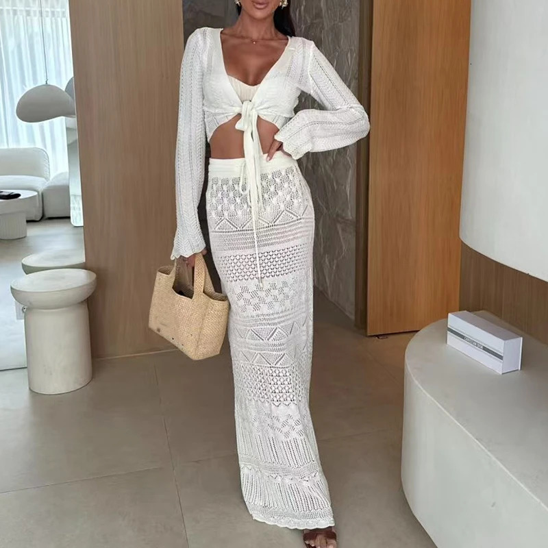 Long Sleeved Knitted Beach Two Piece Sets Womens Vneck Top with Skirt Sexy Suit White Slim Jacquard Outfit 250729