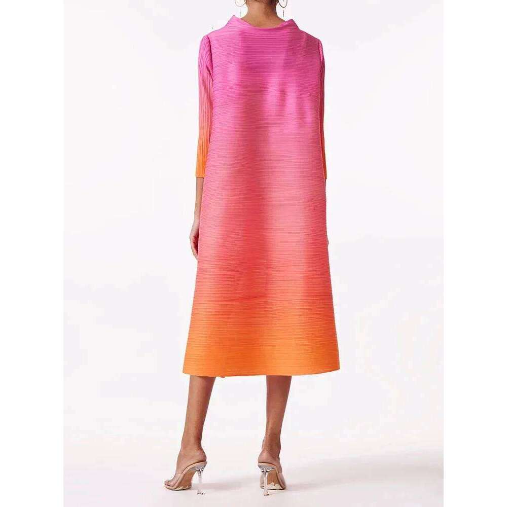 Miyake Elegant Gradient Pleated Dress Turtleneck Full Sleeves Pink Orange Fashion Mid-Calf Dresses For Women New
