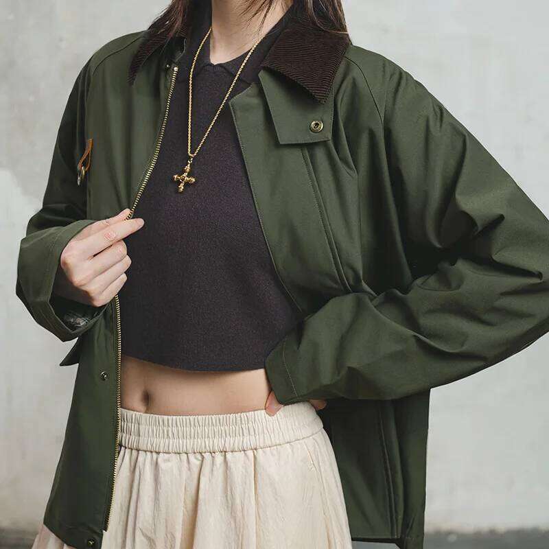 Designer Clothing 2025 Maden Retro Women's Corduroy Patchwork Jacket Green Casual Lapel Spey Hunting Jackets For Spring With Zippered Front Outer