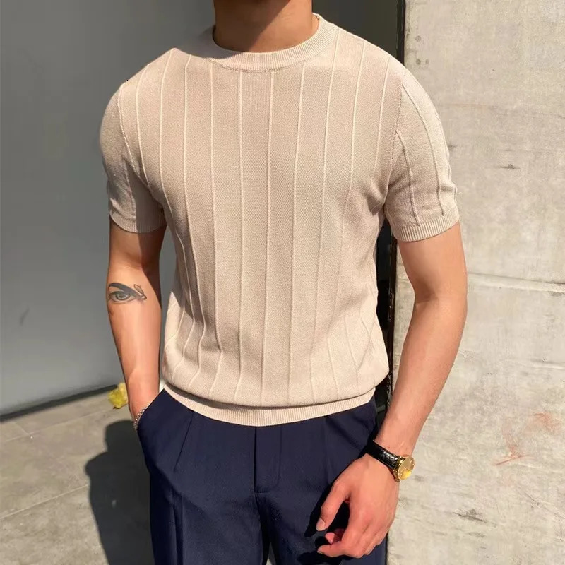 Summer Men Knit Ice Silk Tshirts High Quality Solid Color Stripe Short Sleeve Oneck Tee Tops Mens Thin Slim Fit Tshirts 250729