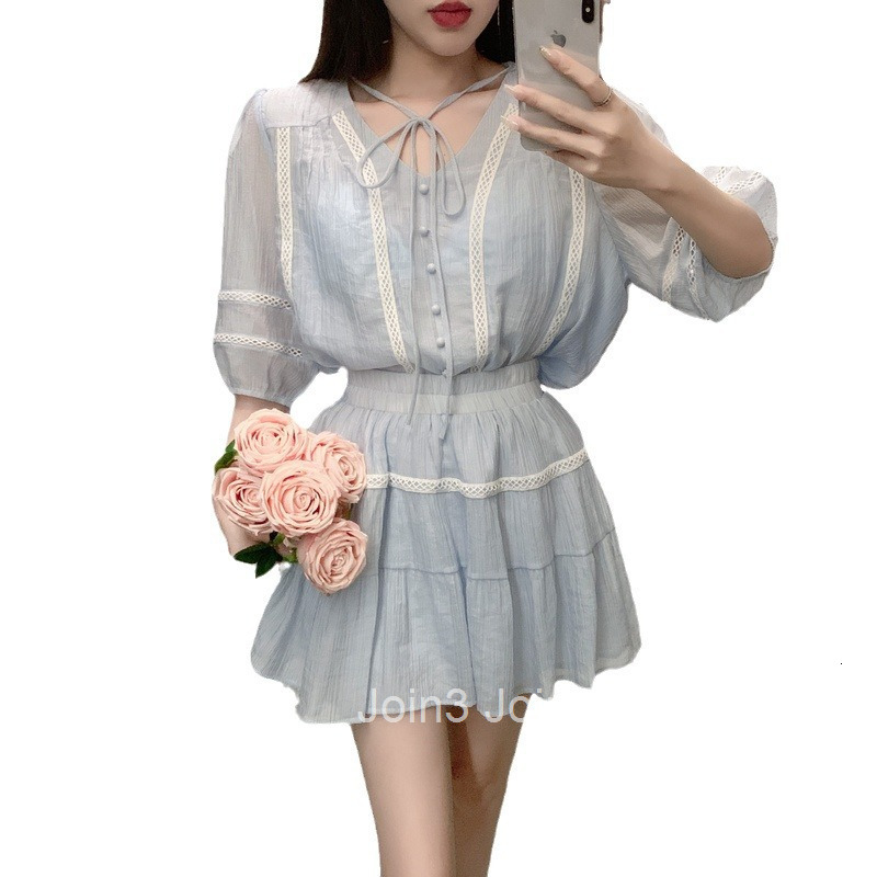Summer New Elegant Short Sleeve Tie V-neck Shirt Top Mid-length + Elastic Waist Short Skirt Set for Women