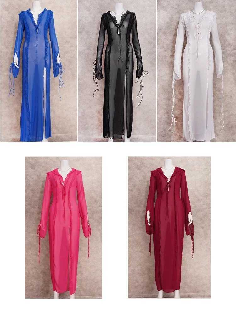 Sexy V Neck Perspective Ruffle Drawstring Tight Maxi Dresses For Women 2025 Spring Summer Elegant Side Split Party Dress A1942 Z250728