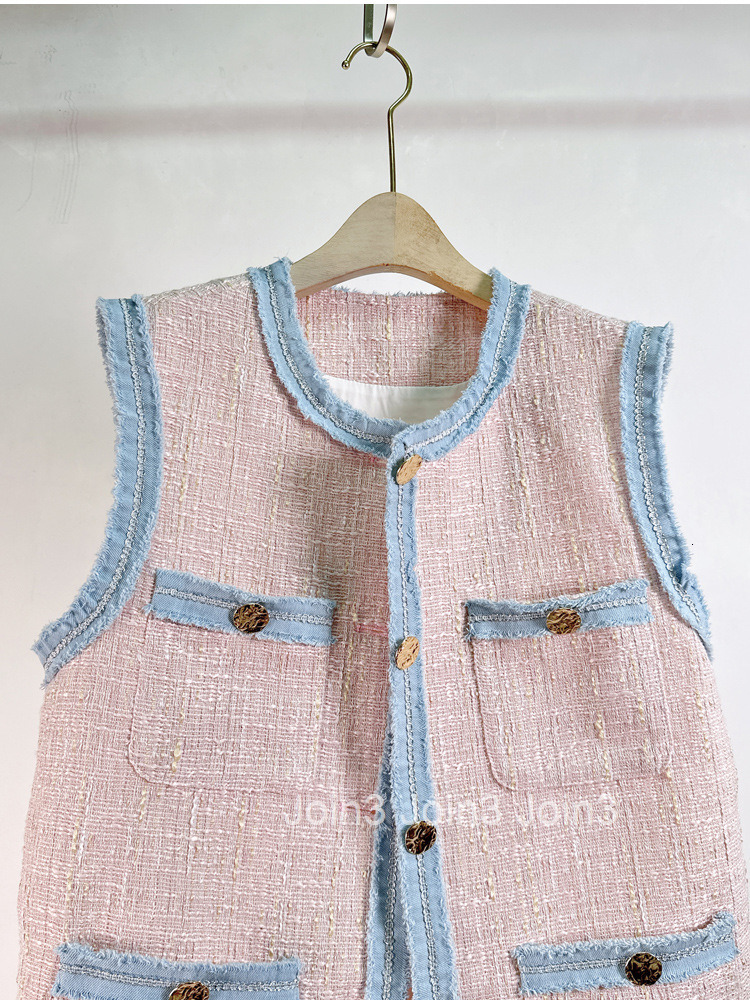 Yuans New Summer Vest Womens Small Fragrance Loose Round Neck Single breasted Panel Edge Vest Womens Outwear