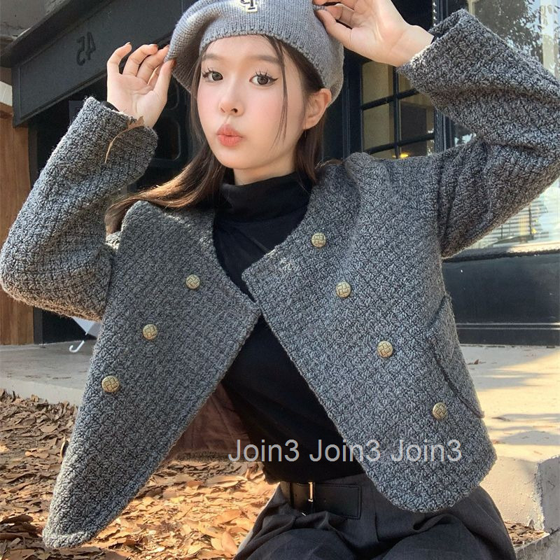 Autumn Winter New Womens French Style Elegant Design Slim Woolen Tweed Double-Breasted Long Sleeve Coat for Women