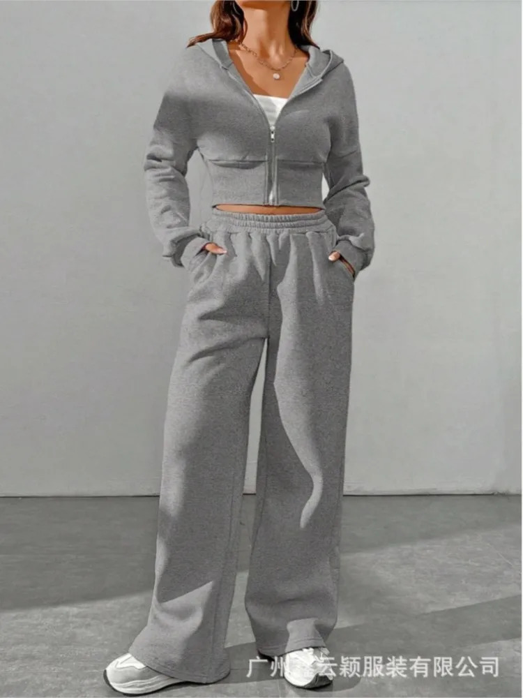 Casual Fashion Hoodie Long Sleeve Zipper Cardigan Sweater Sports Trousers 2Piece Set Autumn Winter Pocket Suit Women 250729