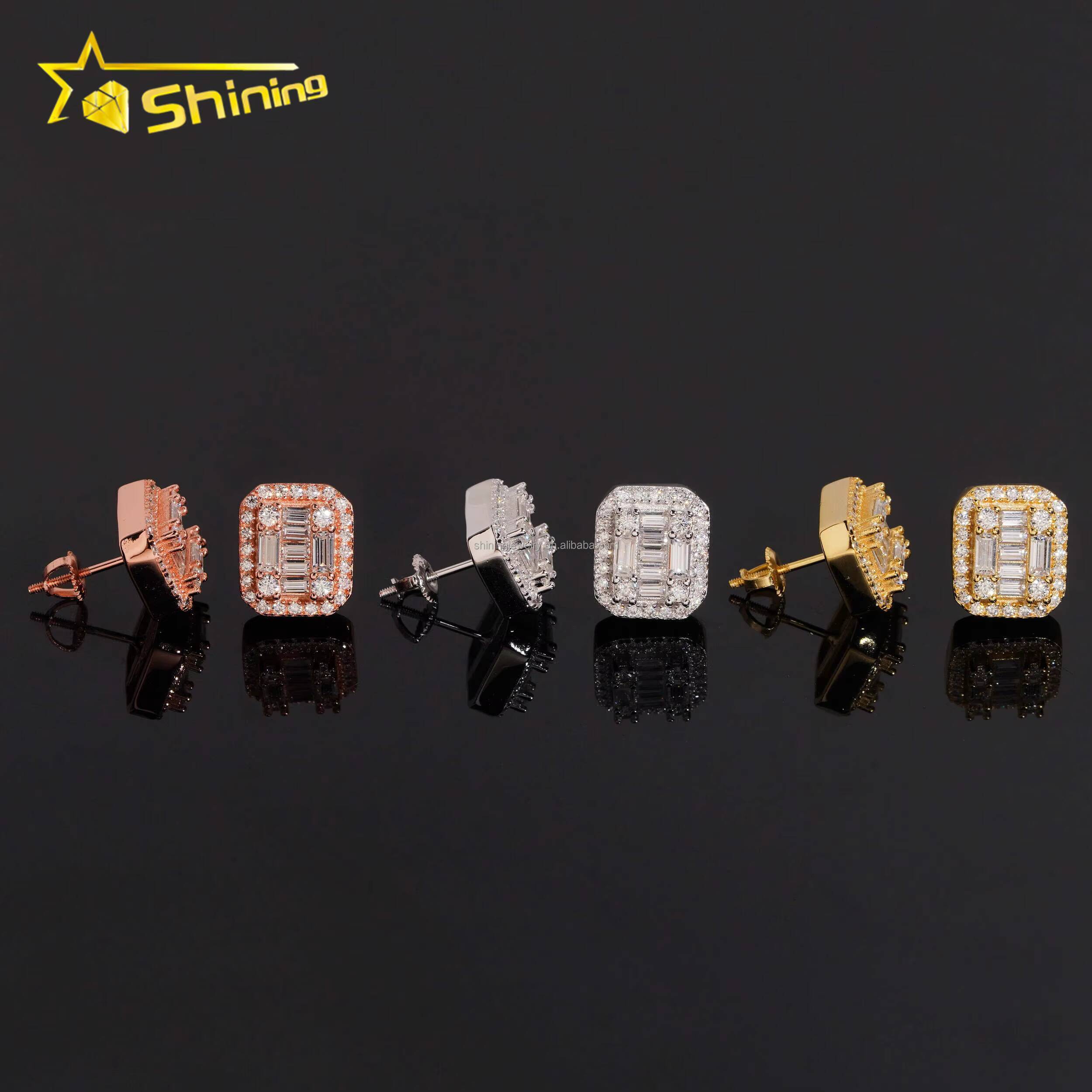 Unique Design Bulk Stock GRA Certificate Stud Earrings Baguette VVS Moissanite Diamond Iced Out 925 Silver Fashion Stud Earrings