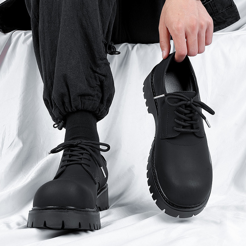 Derby Men's Black Matte Large Leather 2023 New Autumn Winter Thick Sole Trendy Shoes 1026