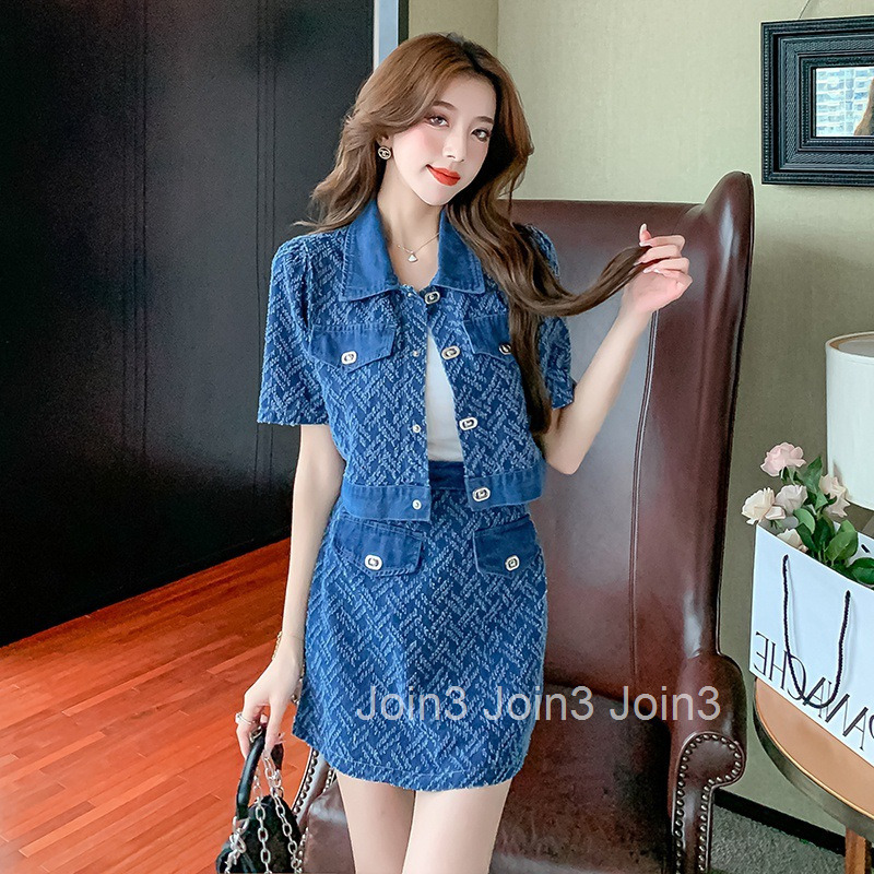 2025 Summer New Fashion Womens Stylish Street Style Short Sleeve Denim Top Bodycon Short Skirt Two-Piece Set for Women