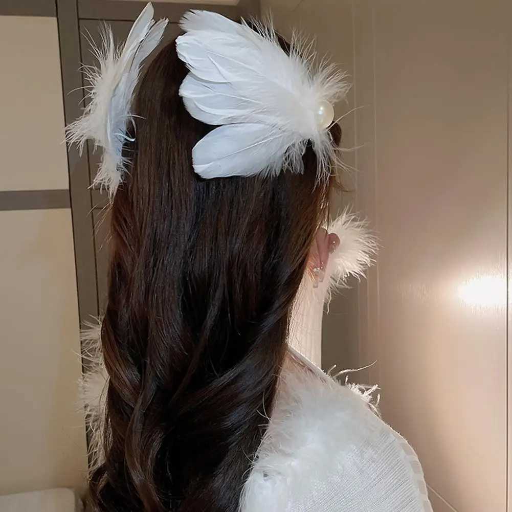 2pcs White Swan Feather Hairpin Headwear Ballet Style Stage Performance Side Clip Girl Party Faux Pearl Accessories Hair Clips Z250729