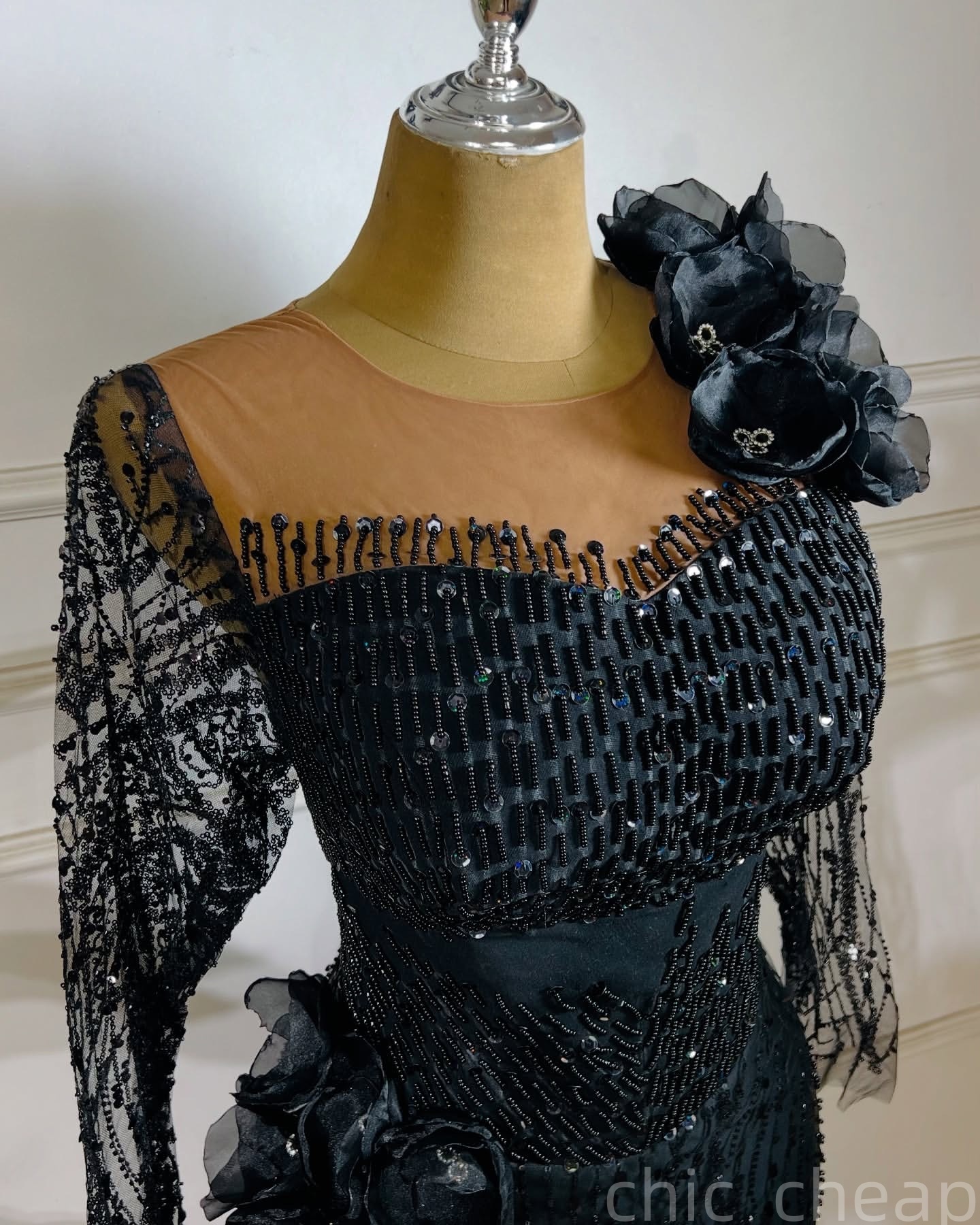 Black Mermaid Prom Dresses 2025 Beaded Flowers Sheer Neck Evening Formal Party Second Birthday Engagement Gowns Plus Size Dress For Special Occasions 