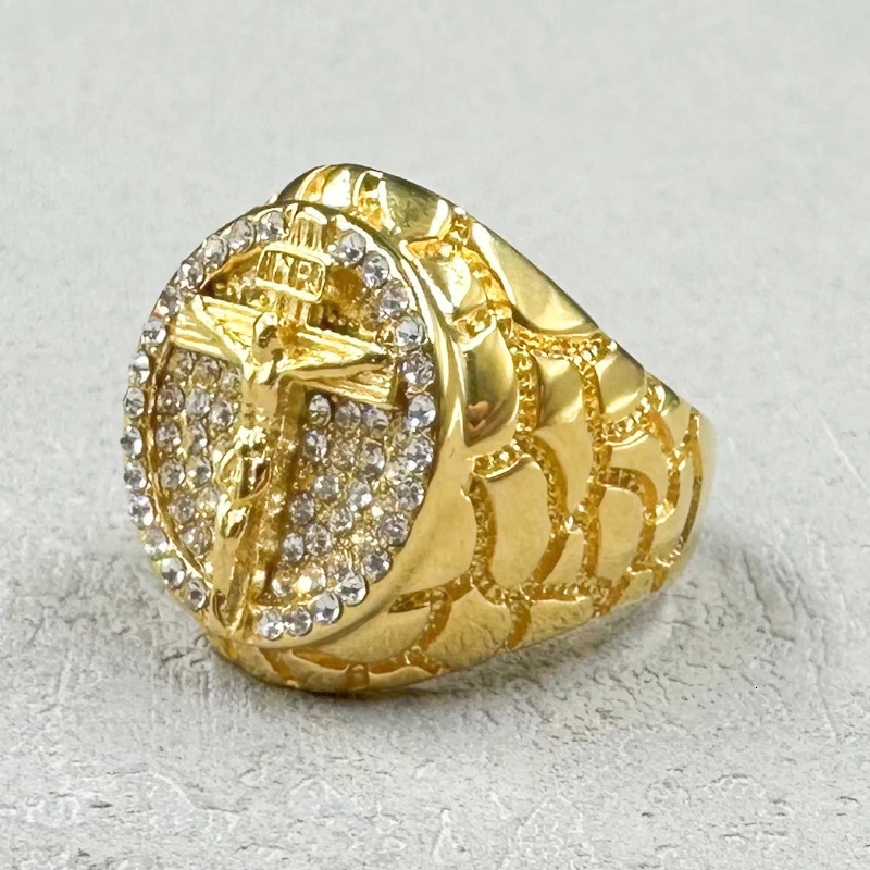 Hip Hop gold color 316L Stainless Steel with full rhinestone INRI Crucifix JESUS Cross Rings for Men Rapper party Jewelry 250729