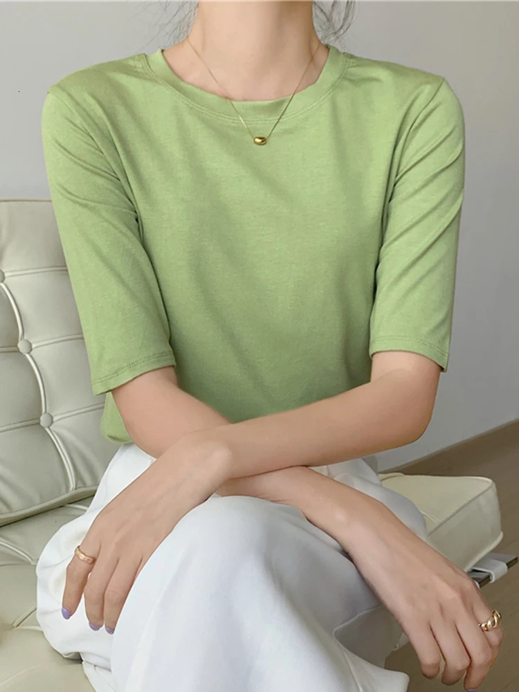 2025 Summer Half Sleeve T Shirts Women Cotton Tops Tees Solid O Neck Female Casual Basic Elastic Slim T Shirt Casual Top 250724