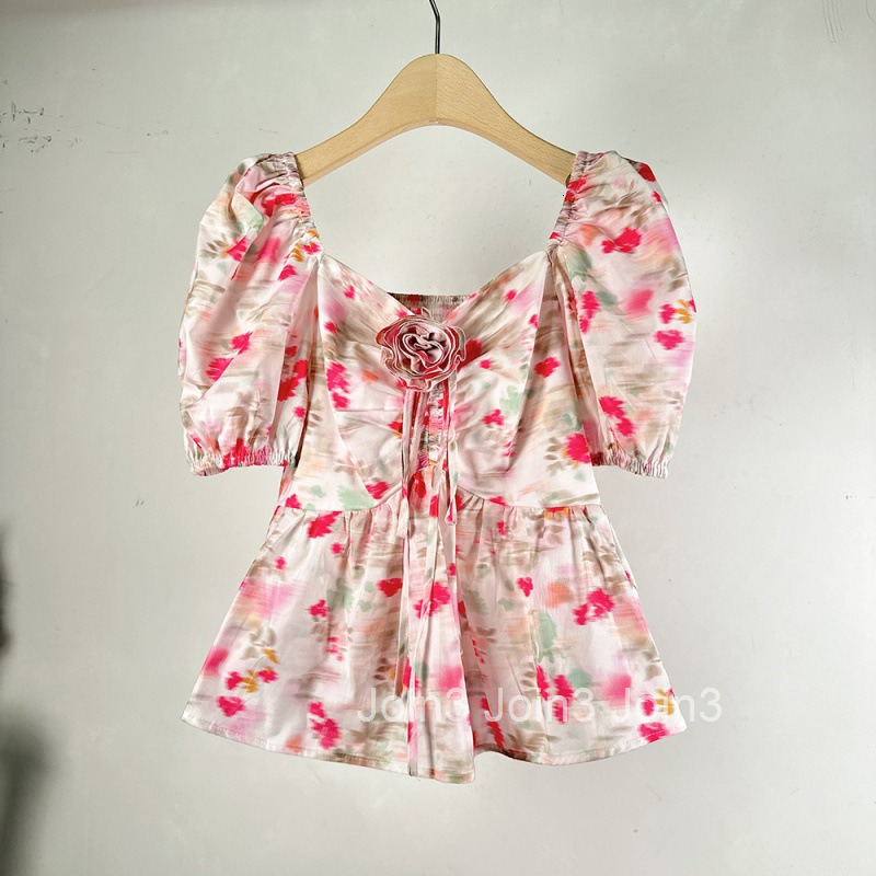 Off-Shoulder Floral Shirt for Women Summer New Design Slim Short Sleeve Top Short Style