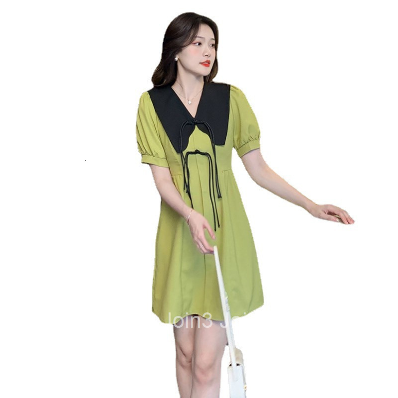 Summer New Loose A-Line Slimming Turn-Down Collar Button High Waist Short Sleeve Dress Short Skirt for Women