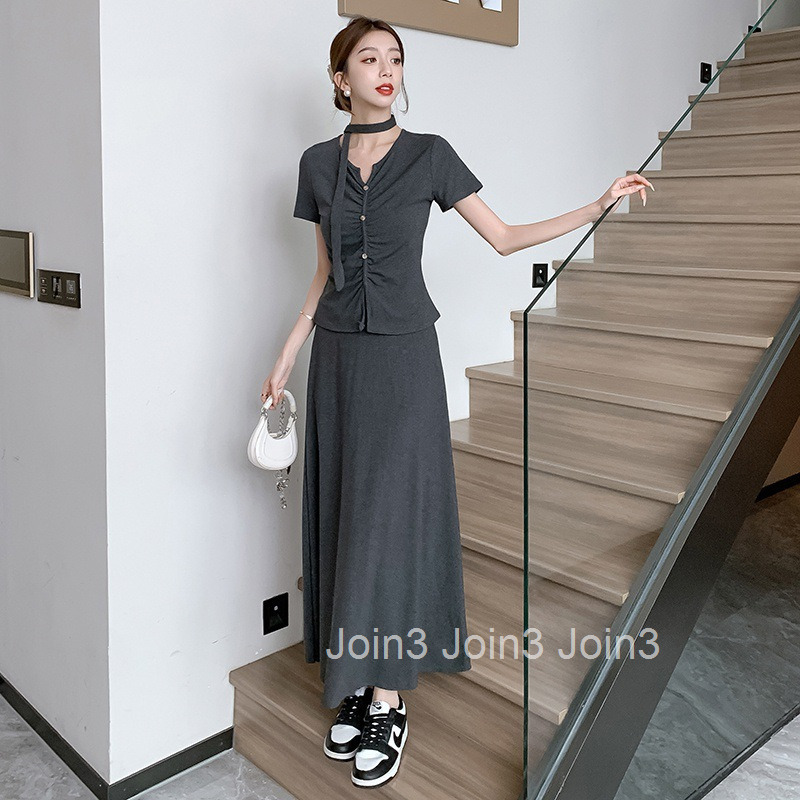 Summer New Split Shoulder V-Neck T-Shirt Short Sleeve Top + High Waist Draped Midi Skirt Set for Women