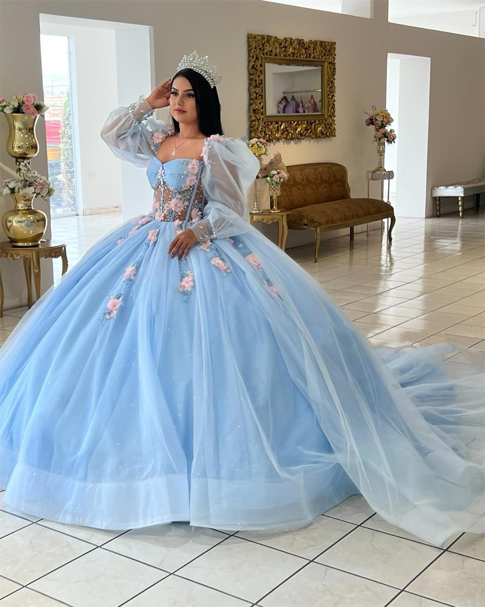 Ball Gown Quinceanera Dresses Flowers Long Puff Sleeve See-through Crystal Tulle Lace-up Plus Size Sweet 15 16 Princess Birthday Party Gowns Vestidos 