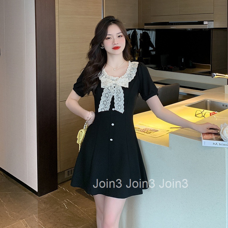 Summer New Round Neck Sweet Lace Bow Slim Fit High Waist Short Sleeve Dress A-line Short Skirt