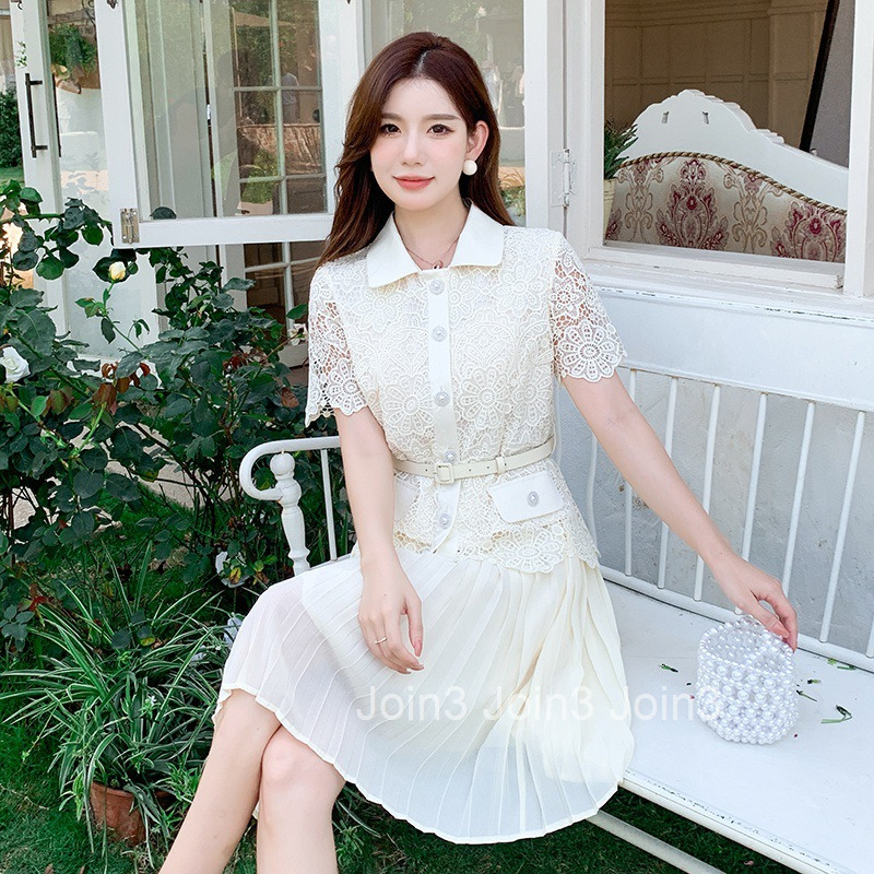 Summer New Fashion Socialite Lace Short Sleeve Top + Pleated Skirt Two-Piece Fashion Set Skirt
