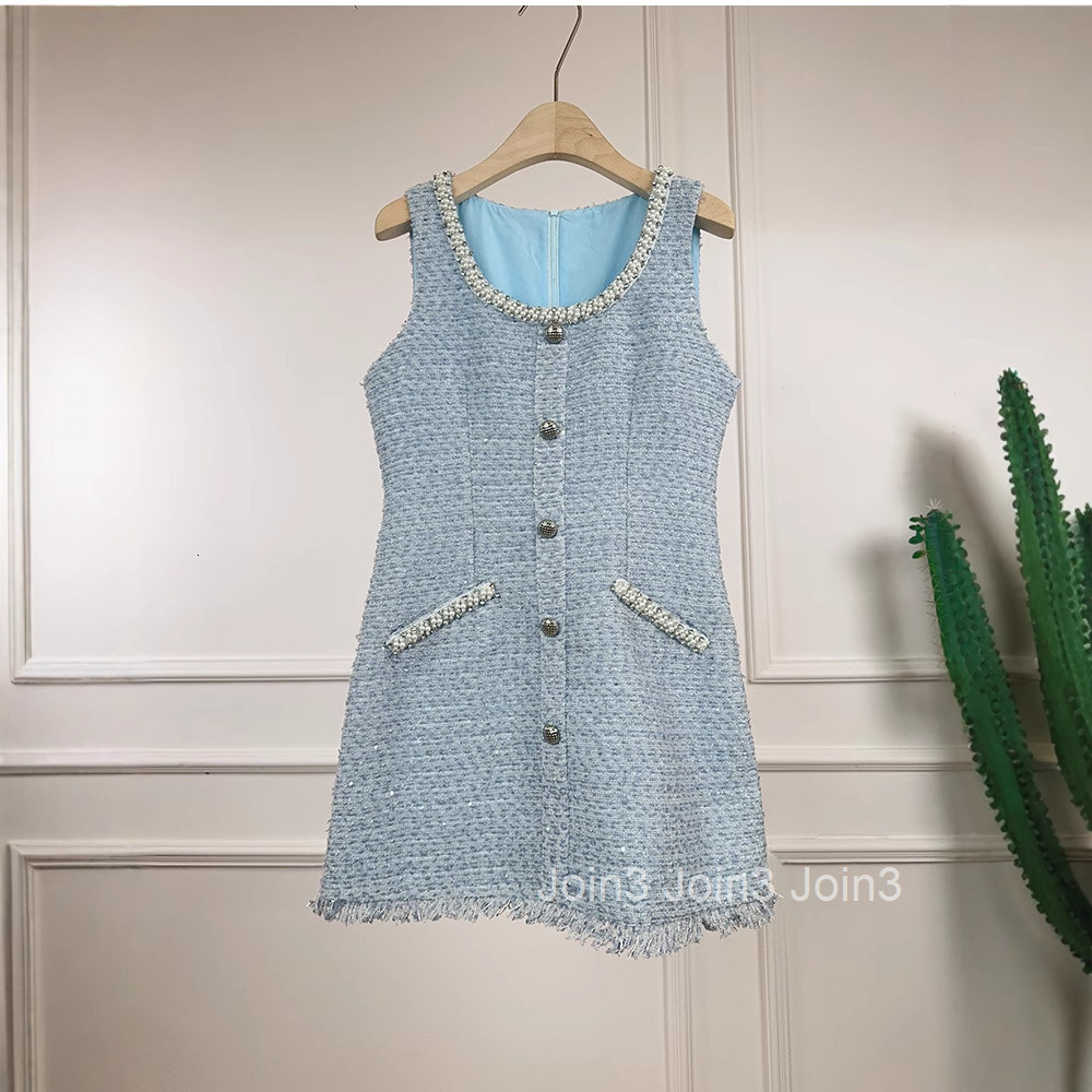 Summer New French Style Pearl Embellished Round Neck Slim Fit Sleeveless Tank Dress Short Skirt