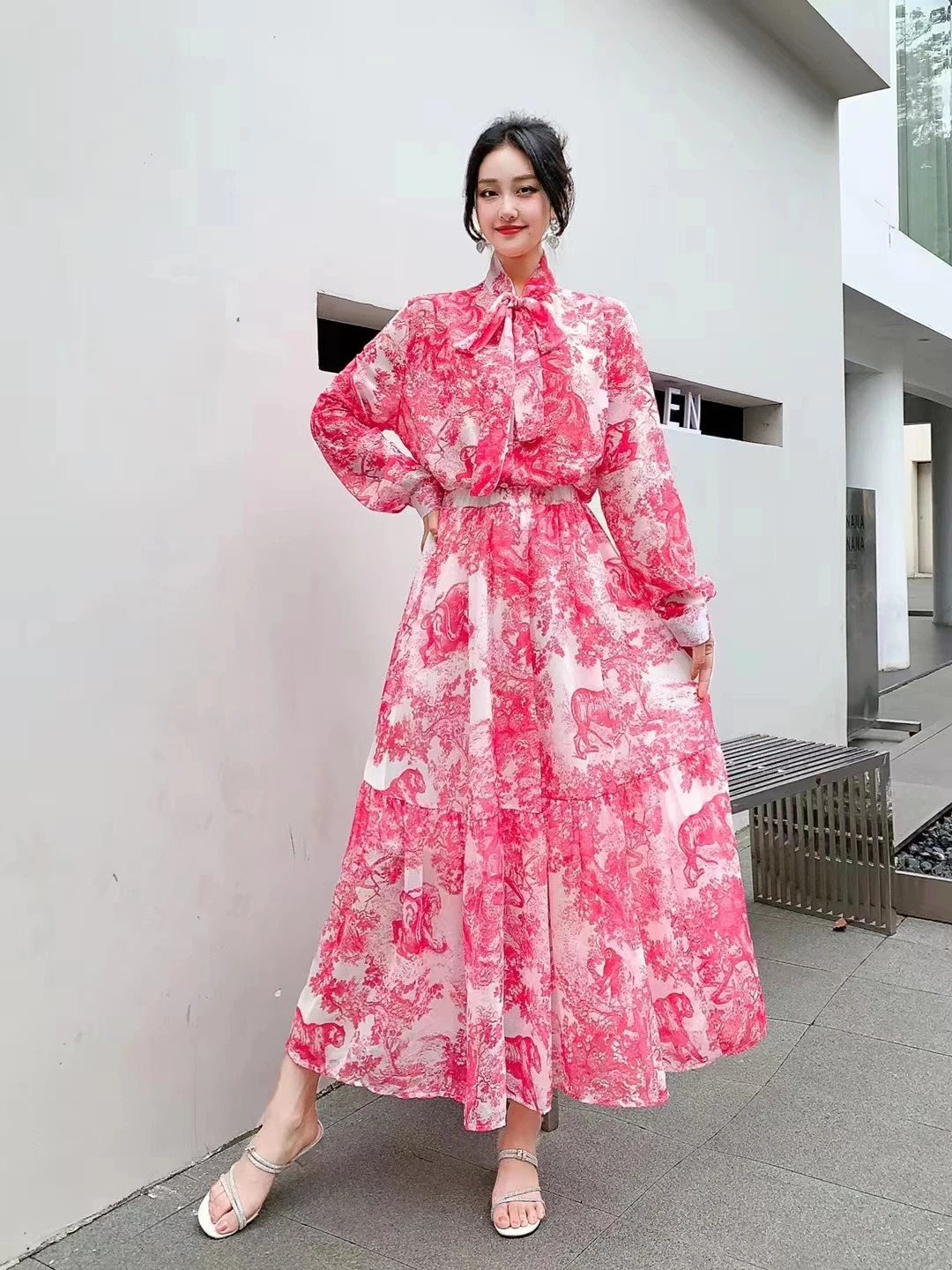 Spring Autumn Women Vintage Print Skirt Suits Loose Long Sleeve Chiffon Shirt And High Waist Long Skirt Two Piece Set 250728