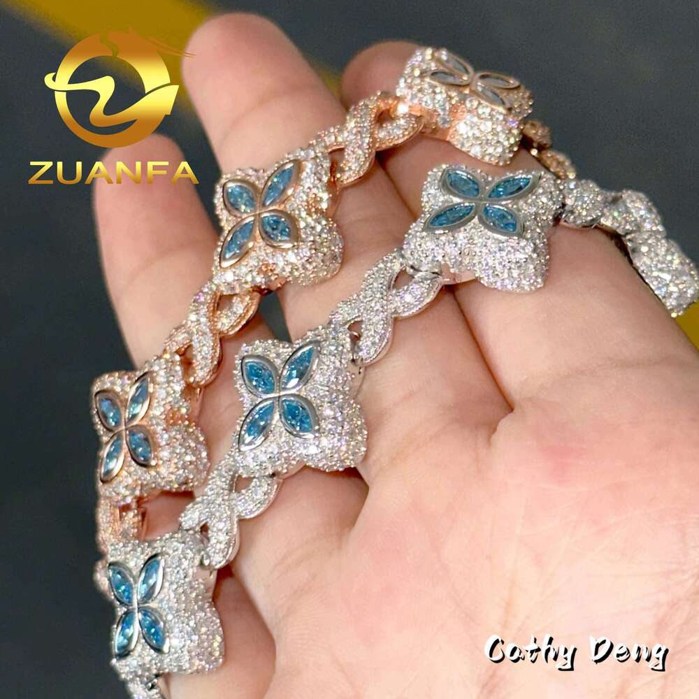 Fashion Rapper Jewelry Blue Iced Out Men Cuban Sterling Sier Moissanite Bracelet Pass Dia Tester