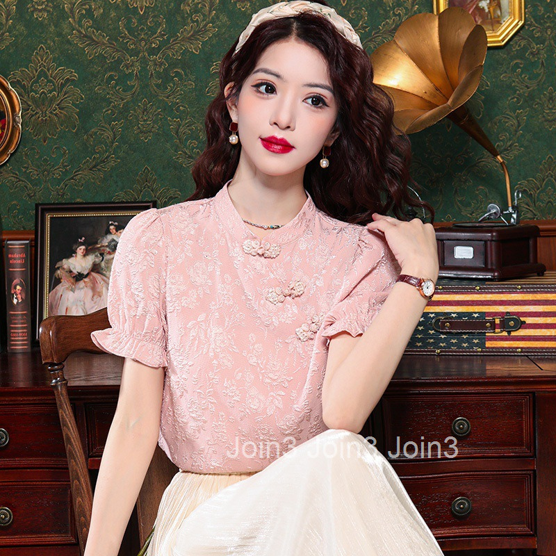 Summer New Chinese Style Jacquard Stand Collar Unique Blouse Elegant National Style Button Short Sleeve Shirt Top