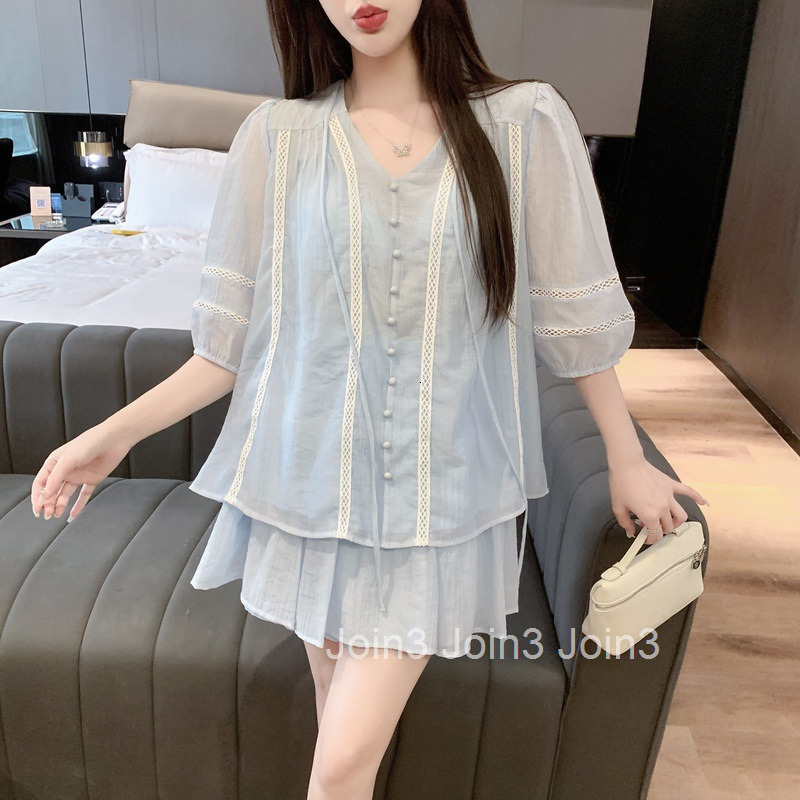 Summer New Elegant Short Sleeve Tie V-neck Shirt Top Mid-length + Elastic Waist Short Skirt Set for Women