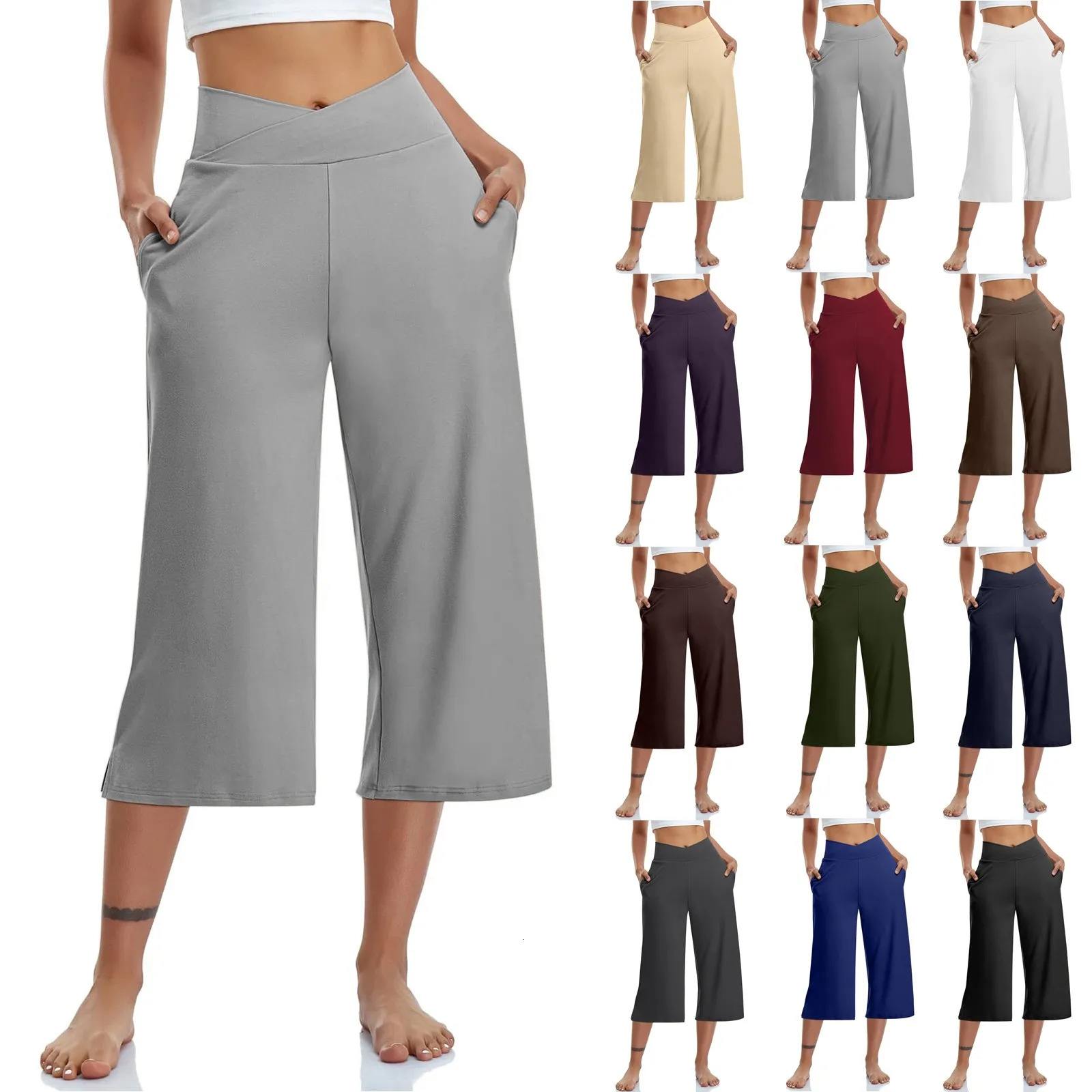 Spring and Summer Women Elastic High Waist 34 Pants Solid Casual Active Fit Wide Leg Trousers With Pockets 250704