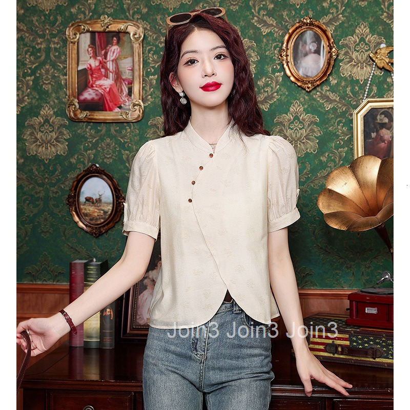 Summer New National Style Design Sense Elegant V-neck Short Sleeve Shirt Womens Blouse T-shirt with Pants