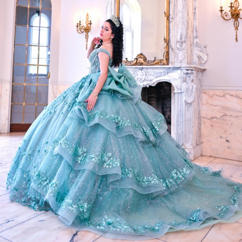 Water Blue Shiny Quinceanera Dresses Off The Shoulder Sequin Appliques Flower Beading Tull Ball Gown Lace Up Vestidos De 15 Anos Sweet 16 Dress
