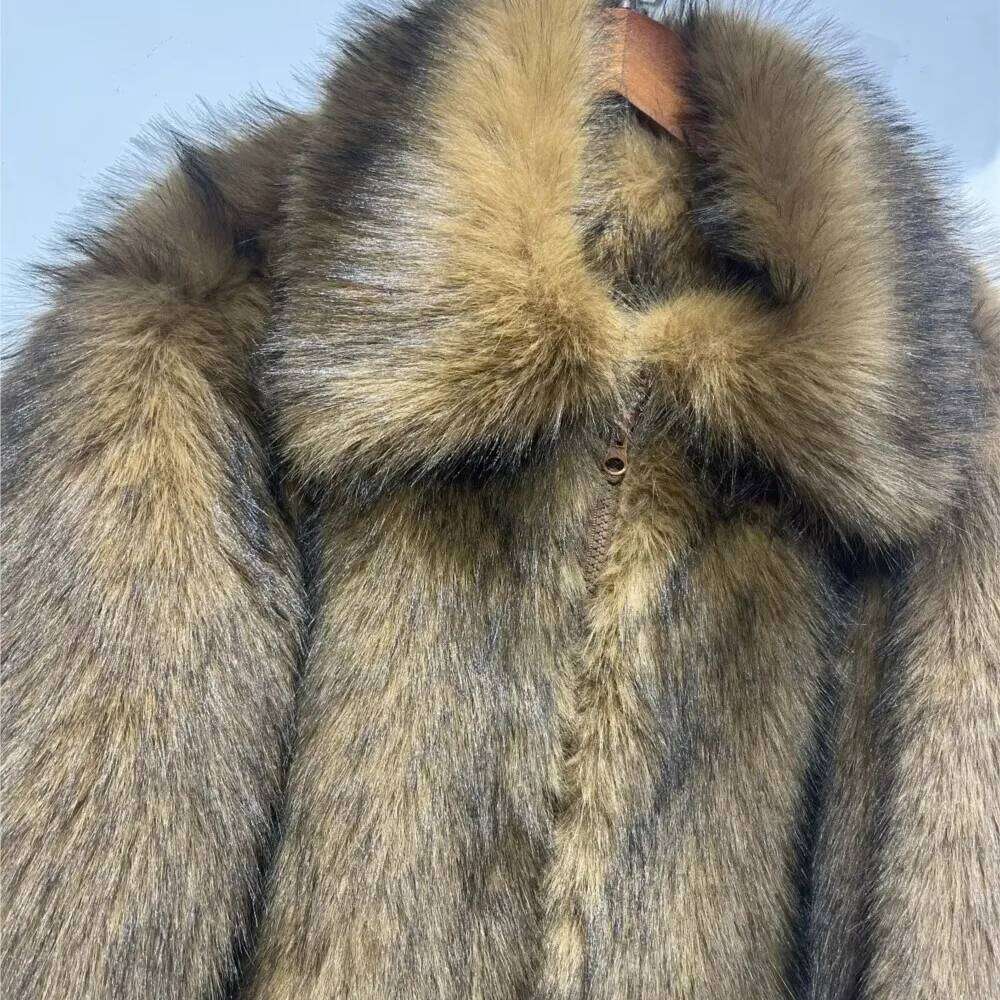 Winter Gradient Brown Long Hairy Shaggy Raccoon Faux Fur Full Sleeve Women Big Lapel Furry Coat Loose Short Outerwear