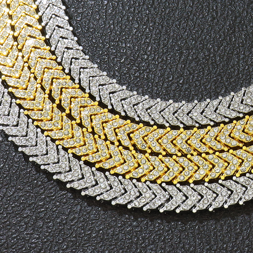 Full Dia Tail Fish Bone Tennis Necklace Trendy Hip-Hop Style Exaggerated Choker Clavicle Chain Accessory