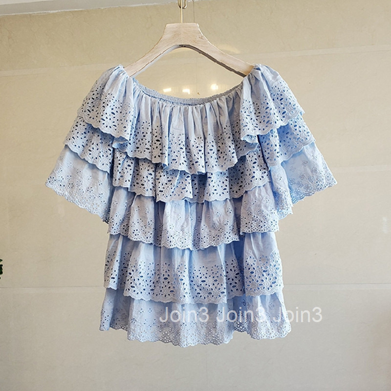 Korean Style Summer Fashion Elegant Off-Shoulder Lace Top Loose Ruffle Cake Blouse Womens Clothing