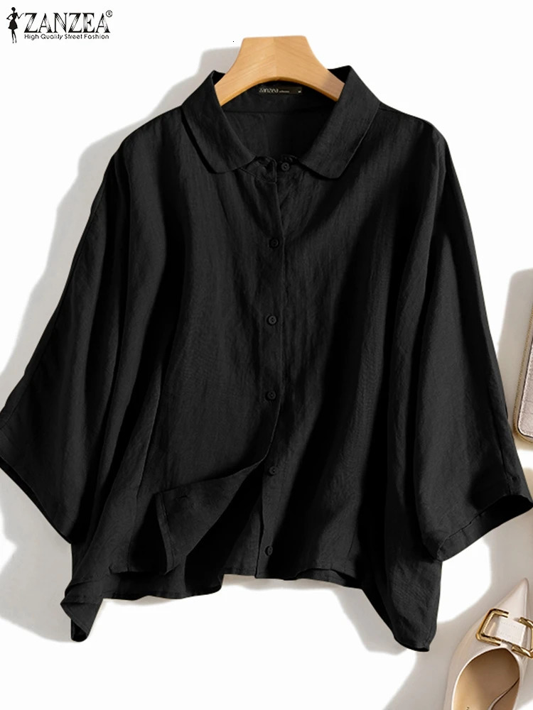 3ZNEA Summer Fashion Lapel Neck Shirt Women Elegant 34 Sleeve Blouse Work Buttons Down Tops Tunic Female Casual Loose Blusas 250729