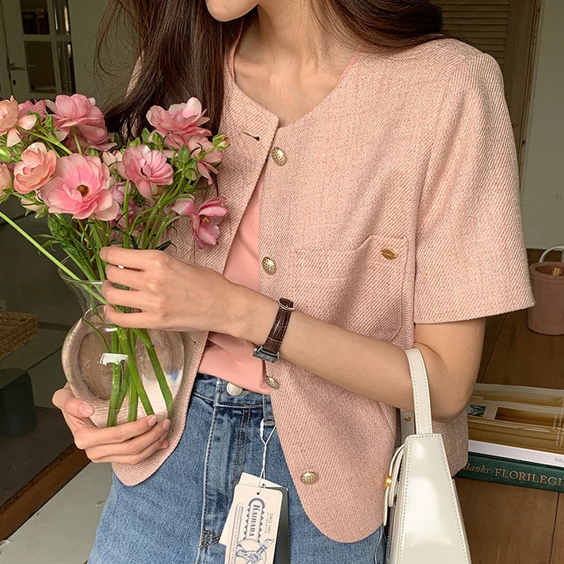 Temperament Suit Jacket Women Summer Single Breasted Slim Short Sleeved Top Harajuku Coat Womens Tweed Pink Shirt w250729
