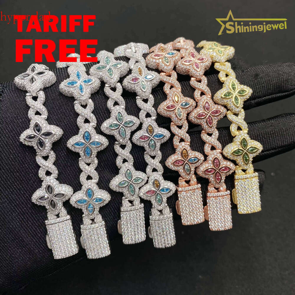 Colorful Marquise Flower Design 15mm Custom Iced Out Hip Hop Jewelry Cuban Link Chain Sier VVS Moissanite Bracelet