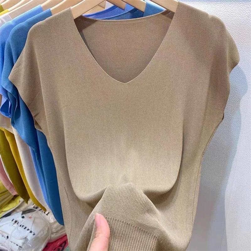 Women Clothing Summer Fashion Simple Short Sleeve Ice Silk Thin Knitted Tshirt Casual Commute Solid V Neck Loose Pullover Tops 250724