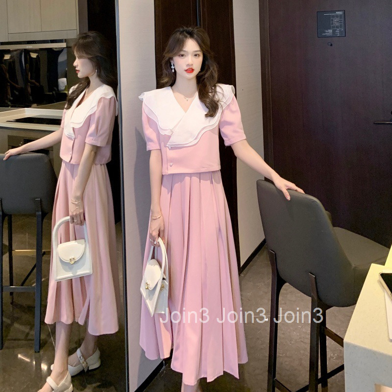 New French Style Summer Mid-Length Skirt Set Slim Fit Short Sleeve Top + Mid-Length Skirt Two-Piece