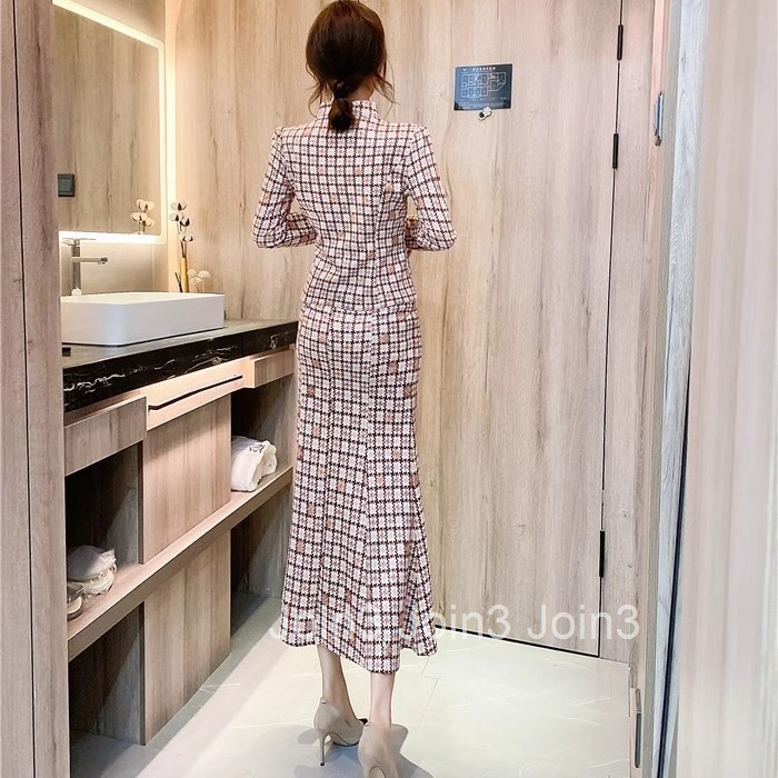 Autumn Winter New Fashionable Stylish Internet Celebrity Goddess Suede Plaid Slim Long Sleeve Jacket Bodycon Long Skirt Set