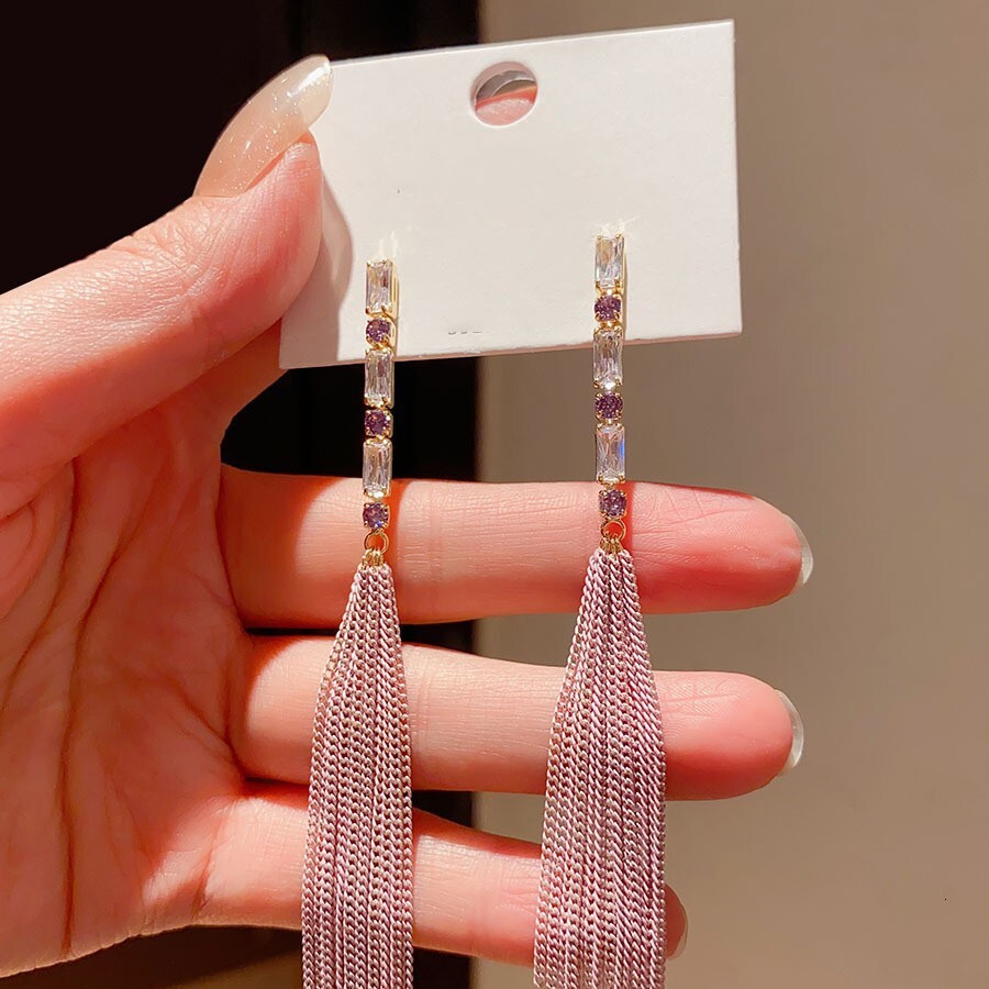 Sier Needle Zircon Chain Tassel Fashion Commuting Elegant Temperament Stud Exquisite Light High-end Feel Earrings for Women