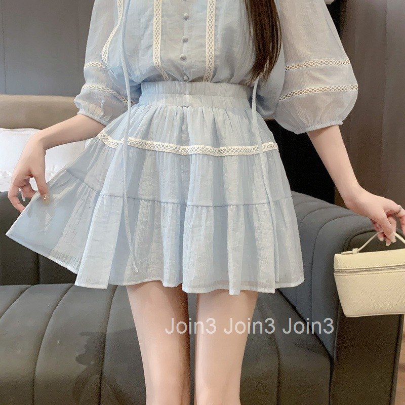 Summer New Elegant Short Sleeve Tie V-neck Shirt Top Mid-length + Elastic Waist Short Skirt Set for Women