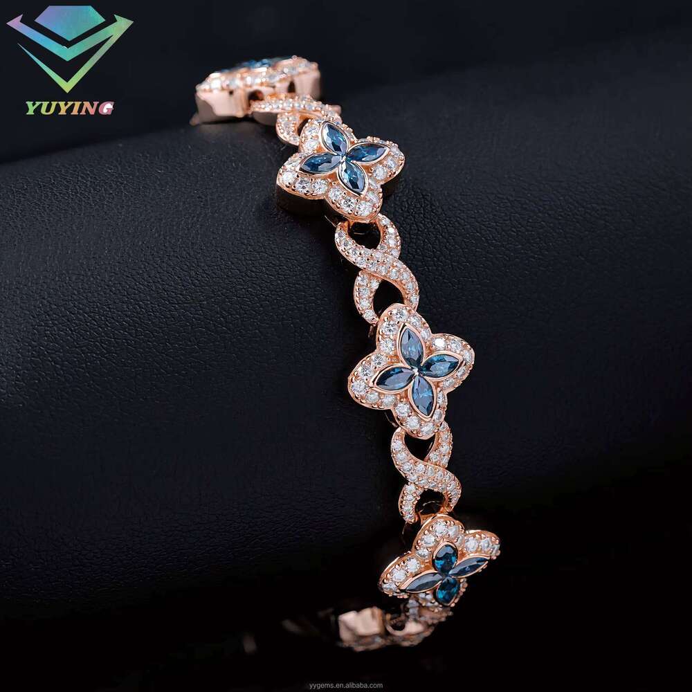 Fashion Gold Plated S Sterling Sier Clover Blue Pink Green Dia Cuban Moissanite Bracelet with GRA Certificate