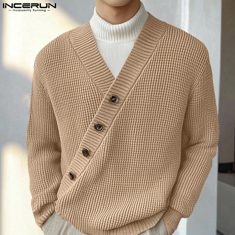 Handsome Well Fitting Tops INCERUN Men Texture Diagonal Sweater Casual Fashion Solid Vneck Long Sleeve S5XL 250729