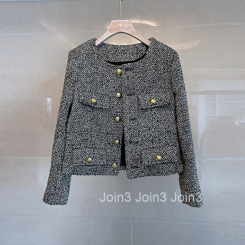 Spring Winter New Fashion Stylish Wool Tweed Slim Fit Petite Tall Slimming Coat for Women with Gold Buttons
