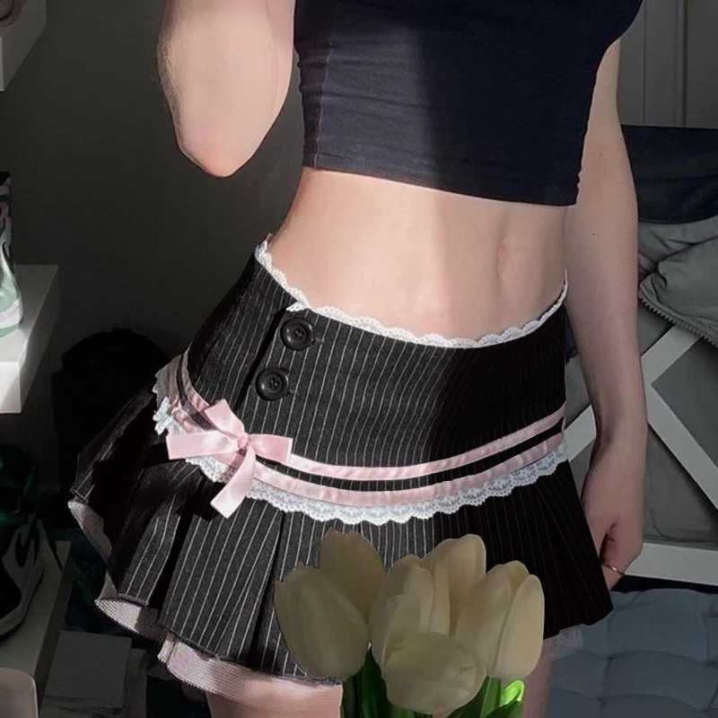 2024 Summer Fashion Style Stripe Print Mini Skirt Aesthetic Lace Pleated Patchwork Skirts Streetwear Sweet High-waist Dress R250728
