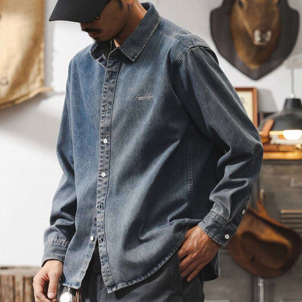 Japanese Vintage Denim Shirt Men Streetwear Lightweight Loose Fit Long Sleeve Blue Casual Coat Spring Fall High Quality Man 250726